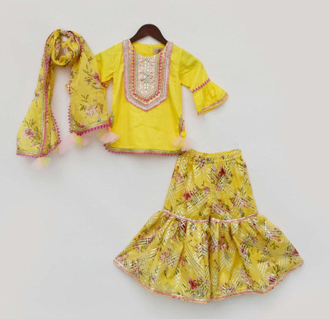 Yellow Kurti with Kotta Print Fabric Sharara and Dupatta