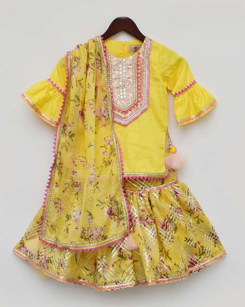 Yellow Kurti with Kotta Print Fabric Sharara and Dupatta