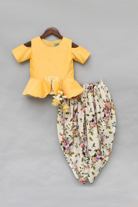 Pre-Order: Yellow Mirror work Peplum with Printed Dhoti