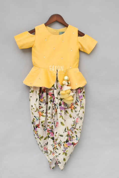 Pre-Order: Yellow Mirror work Peplum with Printed Dhoti