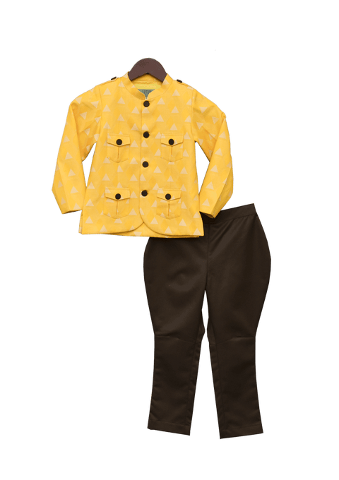 Pre-Order: Yellow Printed Jacket with Brown Pant