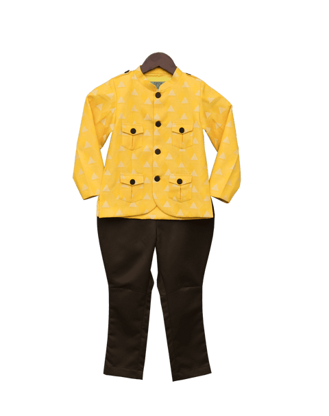 Pre-Order: Yellow Printed Jacket with Brown Pant