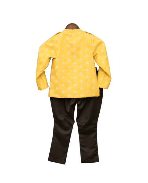 Pre-Order: Yellow Printed Jacket with Brown Pant