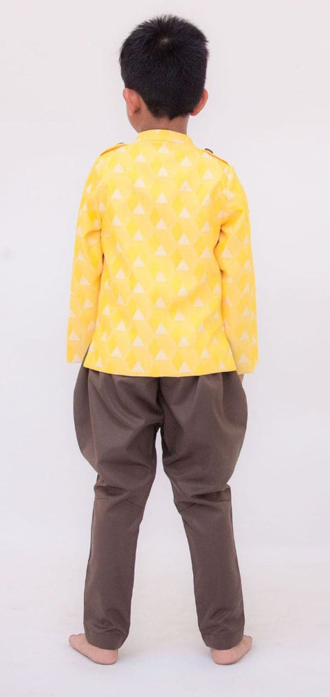 Pre-Order: Yellow Printed Jacket with Brown Pant