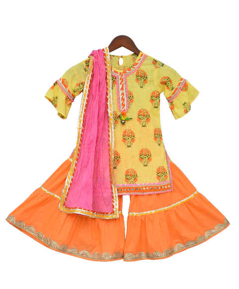 Pre-Order: Yellow Printed Kurti with Orange Sharara