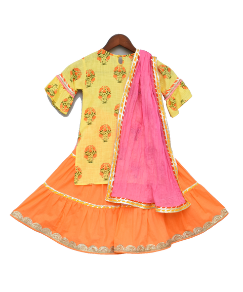 Pre-Order: Yellow Printed Kurti with Orange Sharara