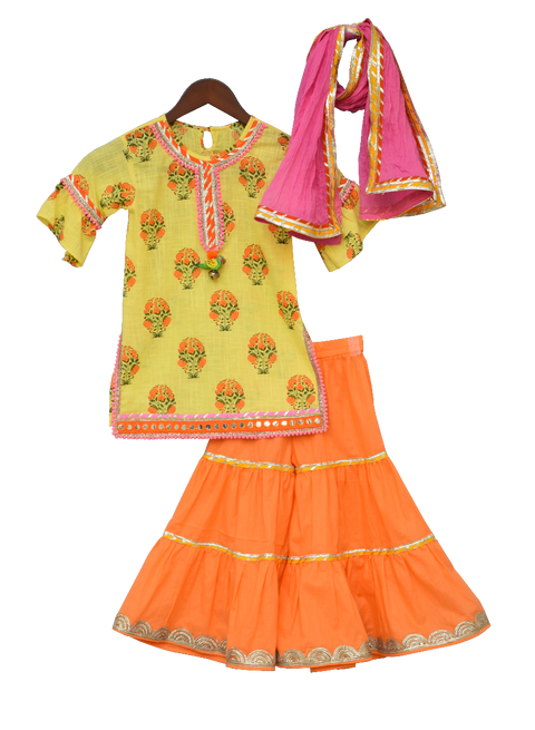 Pre-Order: Yellow Printed Kurti with Orange Sharara