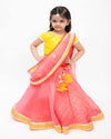 Pre-Order: Yellow Sequins Choli with Coral Organza Lehenga and Dupatta