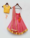 Pre-Order: Yellow Sequins Choli with Coral Organza Lehenga and Dupatta