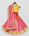Pre-Order: Yellow Sequins Choli with Coral Organza Lehenga and Dupatta