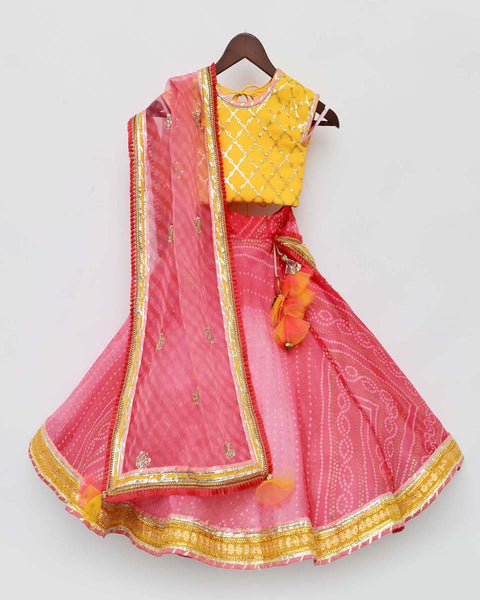 Pre-Order: Yellow Sequins Choli with Coral Organza Lehenga and Dupatta