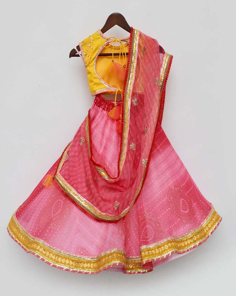 Pre-Order: Yellow Sequins Choli with Coral Organza Lehenga and Dupatta